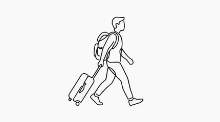 Obraz premium Traveler with Luggage: A stylized line drawing depicts a person with a backpack and rolling suitcase walking, embodying the spirit of travel and adventure.