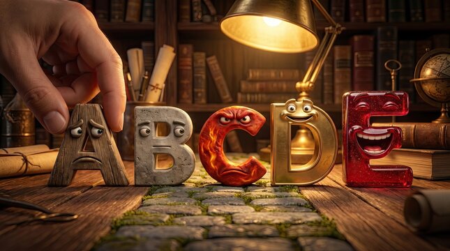 The Alphabet's Tale: A whimsical journey through letters as they come to life with individual personalities, arranged on a vintage desk adorned with books and a warm lamp.