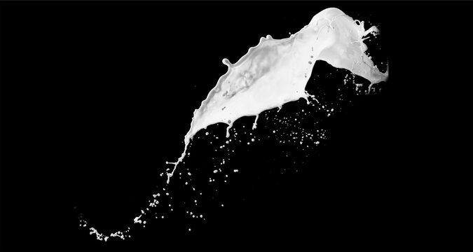 Dynamic splash of white liquid isolated on a solid black background.