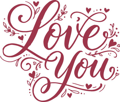 Love you typography design with hearts and florals
