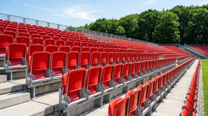 Fototapeta premium Rows of red plastic stadium seats on an empty stadium during a summer day.