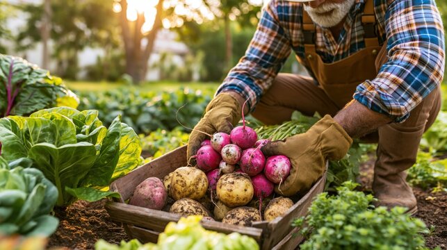 Gardener harvesting radishes and potatoes in sunny backyard vegetable patch