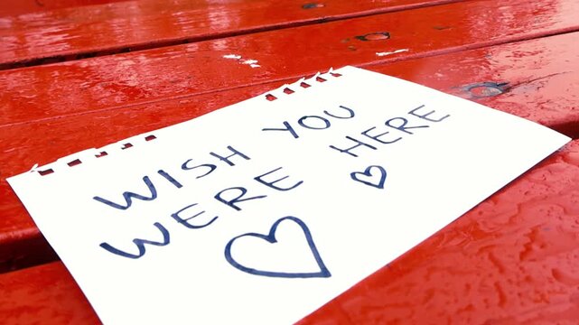 Close up of a handwritten note with the message Wish you were here on a red park table getting wet from the falling rain drops