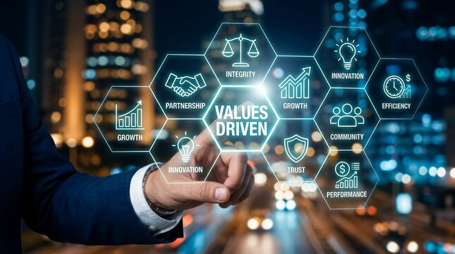 A hand touching a digital interface showing values driven marketing and customer centric icons.