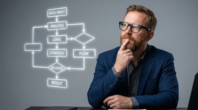 A man with glasses engaged in logical thinking and structured reasoning for data analysis.