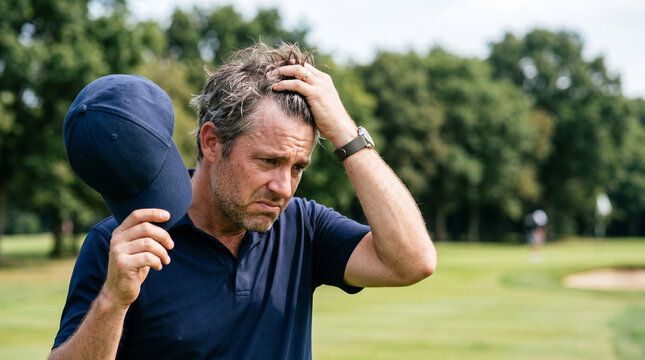 Frustrated man golfer holding cap while touching hair on golf course. Amateur athlete experiencing bad game emotion and disappointment after unsuccessful shot during competition outdoors.