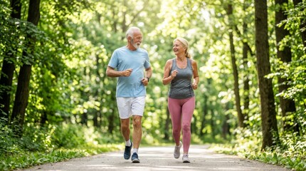 Obraz premium Active senior man and woman jogging along a woodland path during summer.