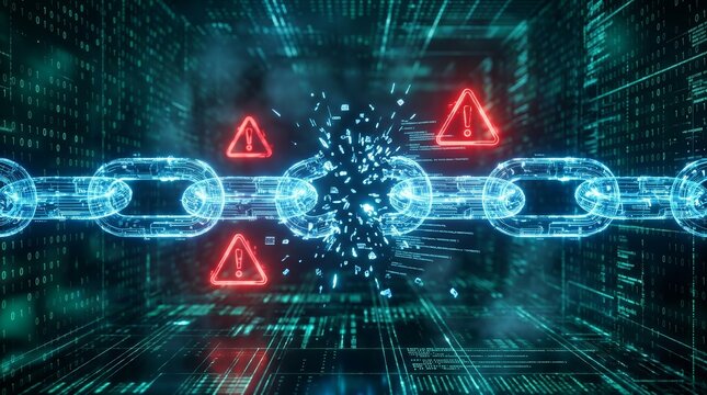 Cybersecurity vulnerability concept featuring a broken digital chain and warning signs.