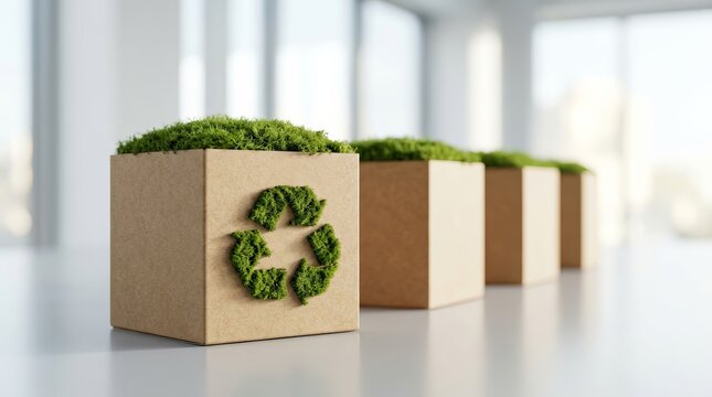 Sustainable cardboard packaging boxes featuring green moss and a recycling symbol.