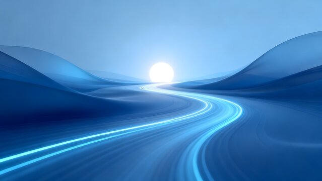 Abstract blue winding path with glowing sun