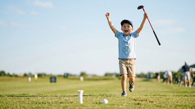 Excited young boy golfer cheering with raised hands after a successful shot on the practice range. Child celebrating victory in a golf game. Active outdoor hobby and youth sport training.