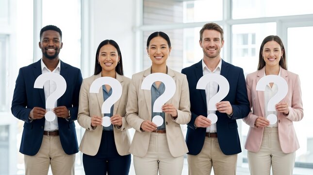 A multiethnic group of business professionals holding white question mark symbols.