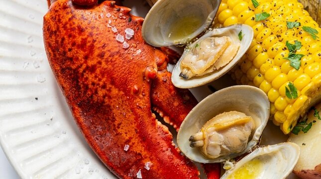 Vivid New England Clam Bake Platter Lobster Clams | Seafood Feast | White Plate | Stock Photo