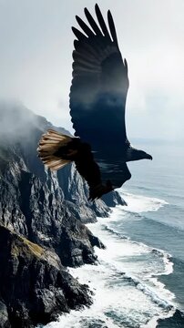 Bald eagle soaring over ocean cliffs with double exposure effect capturing  beauty of nature