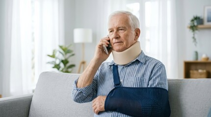 Fototapeta premium Senior man with a neck brace and arm sling making a phone call while sitting on a sofa.