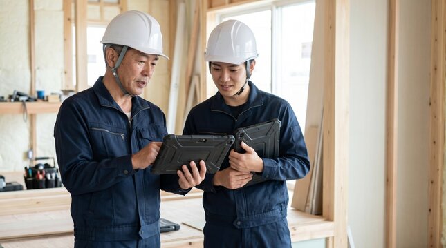 住宅の建設現場でタブレットの図面を指差しOJT研修を行う日本人男性の現場監督