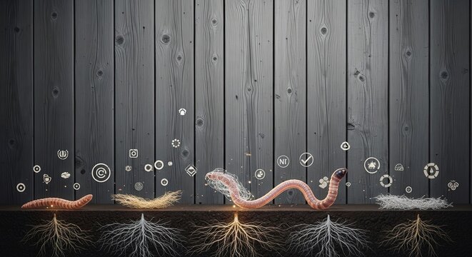 Conceptual Soil Optimization Matrix and Plant Roots on Weathered Gray Barn Wood