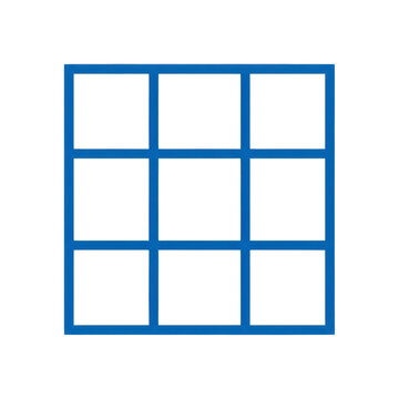 A classic three by three grid of bold blue lines forming nine empty square cells on a stark white background. minimalist graphic design and structural concept