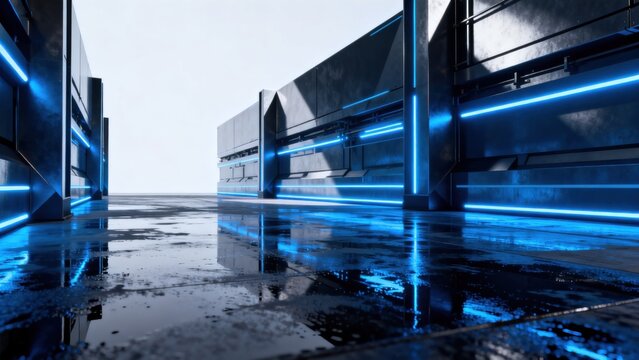 Futuristic corridor with neon lights