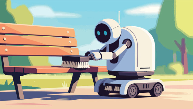 Robot cleaning a park bench with a brush android artificial intelligence.