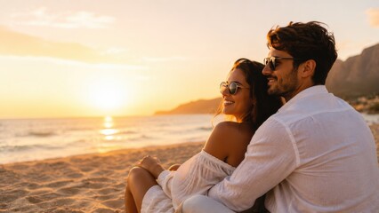 Fototapeta premium Romantic Couple Relaxing on Sandy Beach at Golden Sunset During Summer Vacation