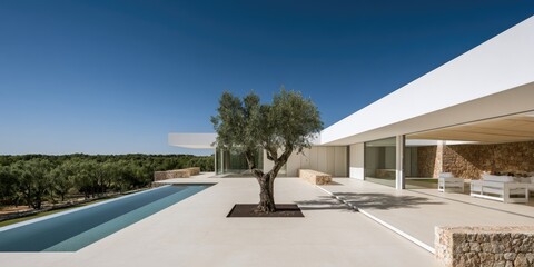 Fototapeta premium Modern minimalist villa with infinity pool and olive tree in sun-drenched landscape