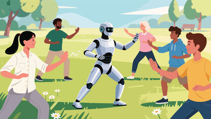 Fototapeta premium Robot leading diverse group in tai chi exercises in a sunny park setting robot tai.