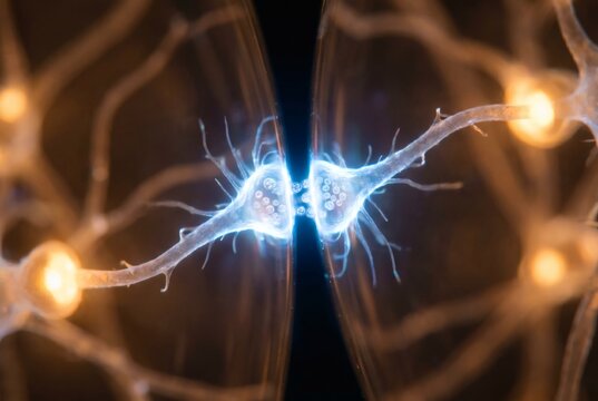 Extreme Macro 3D Illustration of Two Neurons Forming Synaptic Connection with Blue Glowing Neurotransmitters on Dark Background Neuroplasticity Concept