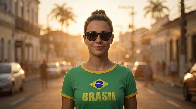 Brazilian Spirit: A radiant young woman, adorned in a Brazil-themed shirt and sunglasses, stands confidently on a sun-drenched street, exuding warmth and national pride.
