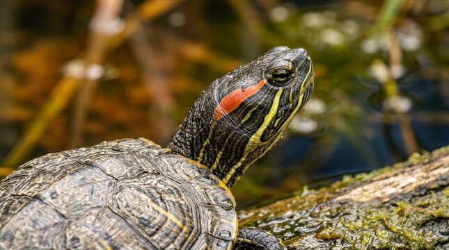 A detailed wildlife close-up of a red-eared slider turtle with vibrant colors.