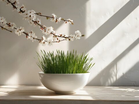 Eastern New Year, wheat sprouts in a bowl on the table, branches of blossoming almond trees, rays of sunshine. 