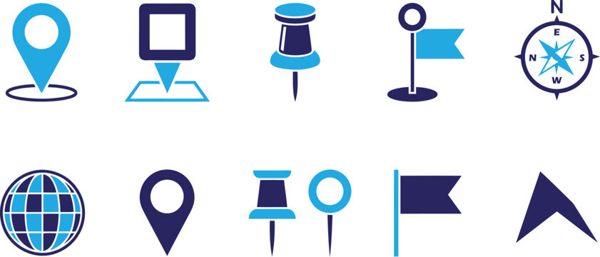 Collection of navigation icons in blue shades for mapping and directions