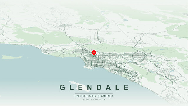 Modern minimalist vector map of Glendale, California, USA. High-quality scalable illustration of Glendale city grid, Verdugo Mountains contours, Interstate 5, SR 134 for posters design.