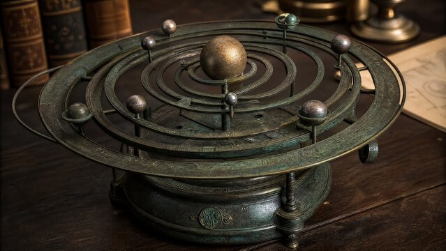 A patinated bronze heliocentric model with planetary rings sits on a dark wood table.