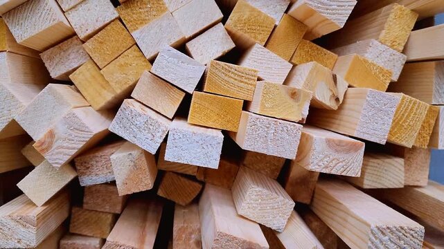 Close-up top view of numerous wooden blocks creating a dynamic abstract pattern, revealing the natural texture and grain of the wood as the pile shifts, making an interesting background