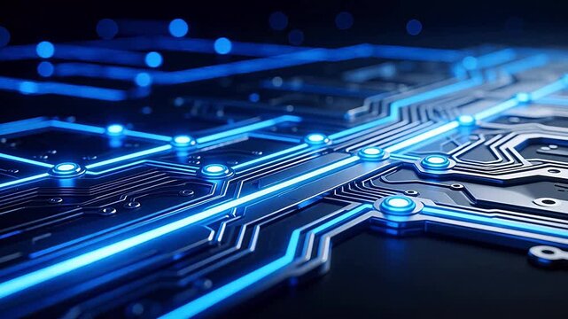 Circuit board with glowing blue lines