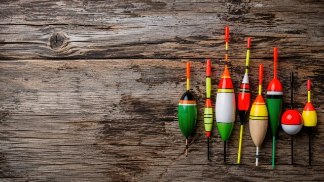 Fishing Floats Collection on Rustic Wooden Background with Copy Space