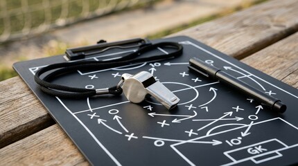 Obraz premium Macro shot of a game plan on a sports tactics clipboard featuring a metal whistle.