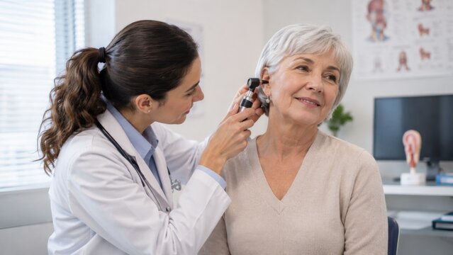 Female Doctor Performing Ear Examination on Senior Woman During Routine Medical Checkup in Modern Healthcare Clinic