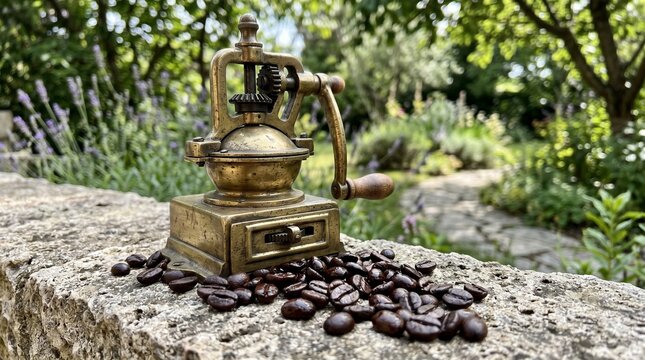 Vintage Antique Manual Brass Coffee Grinder and Roasted Beans on Rustic Stone Wall in Sunny Green Garden Background; Traditional Craftsmanship for Organic Cafe Concept