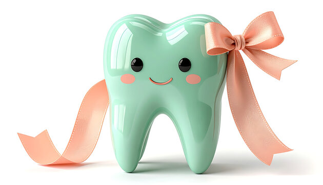 Cute cartoon tooth character with happy face and pink bow, healthy smile, dental care and hygiene concept