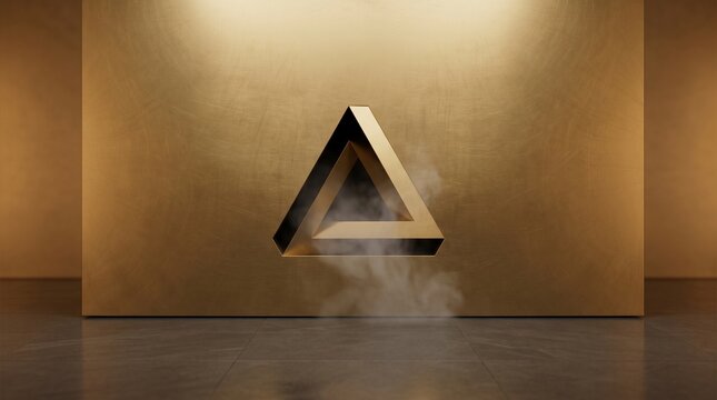 Golden Impossible Penrose Triangle Symbol on a Metallic Wall with Dramatic Spotlight and Mist, Luxurious Corporate Concept for Innovation, Mystery, and Infinite Possibilities