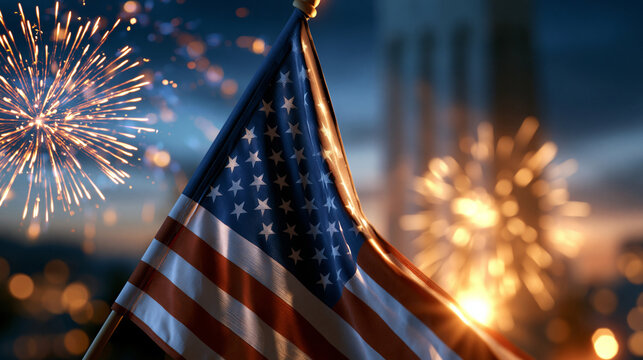 A close up of a soft patriotic monument glows softly with a calm flag at bright sunrise with fireworks monument fireworks faceless still softly defocused backdrop dark sky