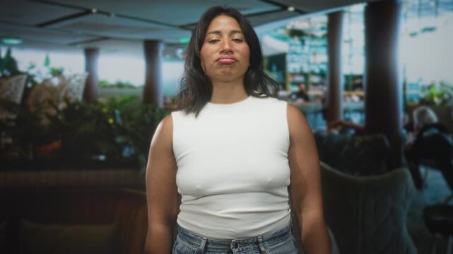 Woman wearing white sleeveless top pouts with pursed lips and looks to the side while standing in an airport lounge seating area; impatience waiting travel.