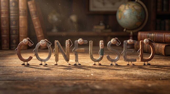 A World of Confusion: Embodied letters spell out CONFUSED in a vintage study, surrounded by antique books and a globe, evoking a sense of intellectual perplexity and mystery.