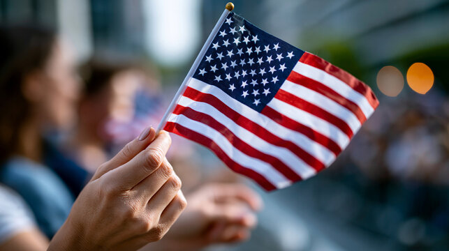 A close up of hands waves softly a bright patriotic flag at a calm holiday parade in soft daylight parade flag faceless detail softly defocused backdrop bright