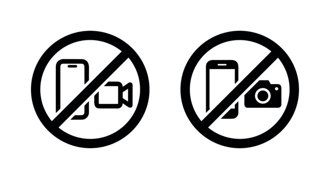 No Photo/Video Icons: Set of two forbidden signs with phone, camera, and video camera