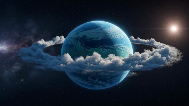 Fantastical exoplanet with a surreal ring of clouds rotating in deep space with a distant sun shining in the background, representing a fictional and artistic celestial body