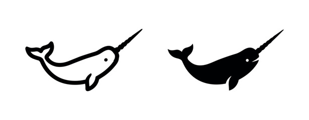 Narwhal Icon Set: Black and White Marine Mammal and Mythical Symbols © liubomir118809