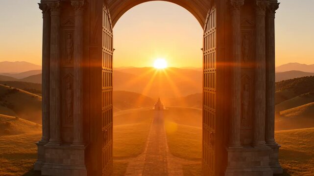 Monumental ancient stone gate opening to reveal a path leading to a temple with a beautiful sunrise over rolling hills, symbolizing new beginnings and opportunity